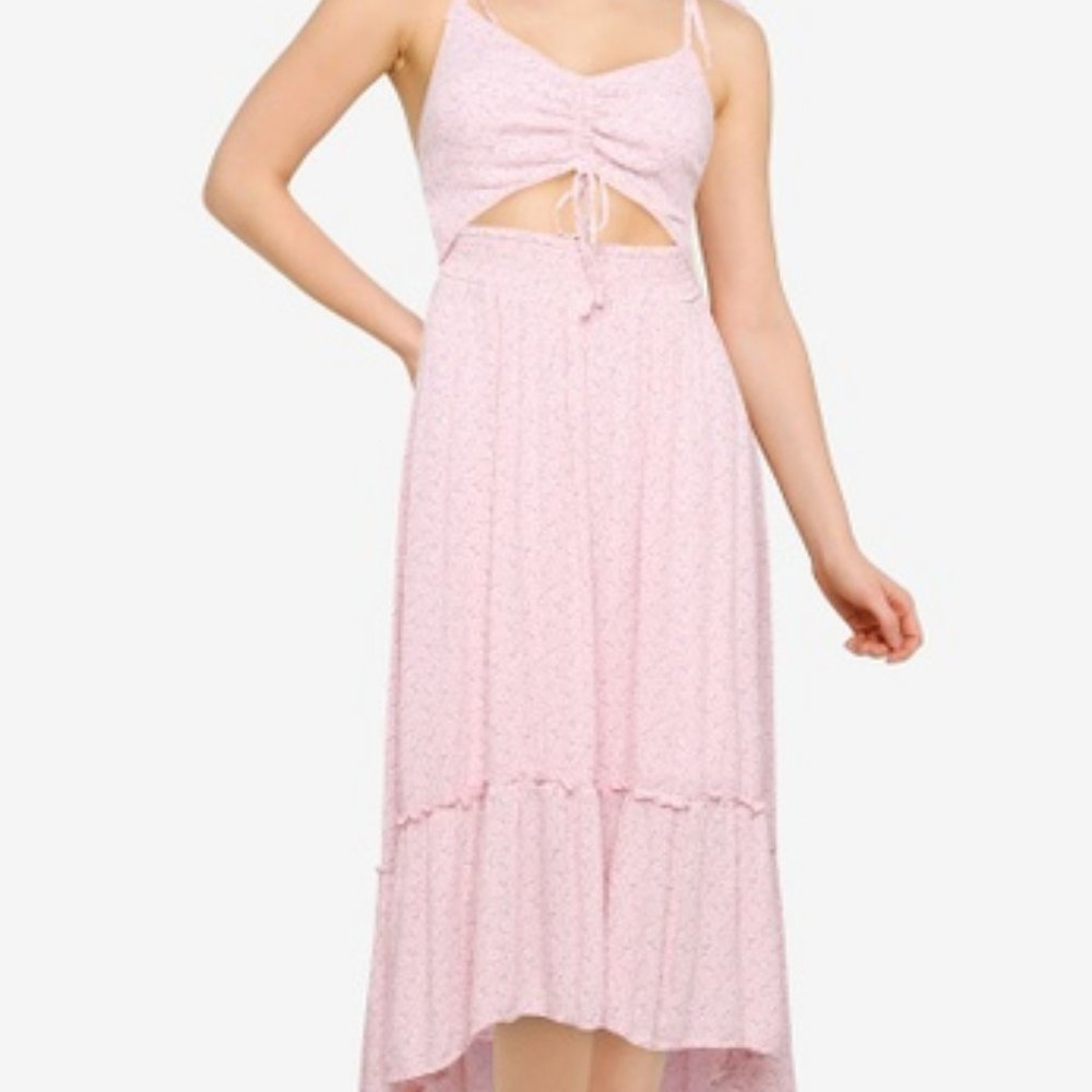 HOLLISTER CUT-OUT CHAIN MIDI DRESS PINK FLORAL XS BARBIECORE SWEET PRETTY DIVINE